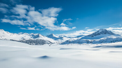 Snowy landscape with rolling hills leading to towering mountains under a blue sky with wispy clouds, creating a calm winter atmosphere