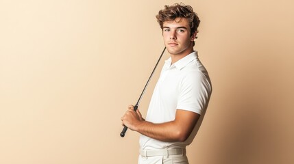 Determined Young Man Ready to Tee Off - Professional Golfer on Beige Background with Studio Lighting