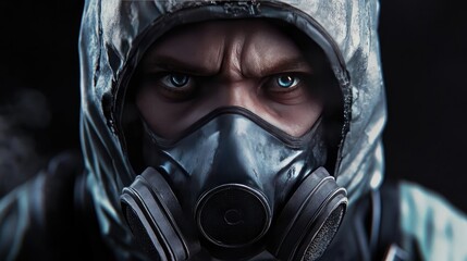 Close-up of a person wearing a gas mask, showcasing intense eyes and a protective hood, symbolizing survival and resilience.