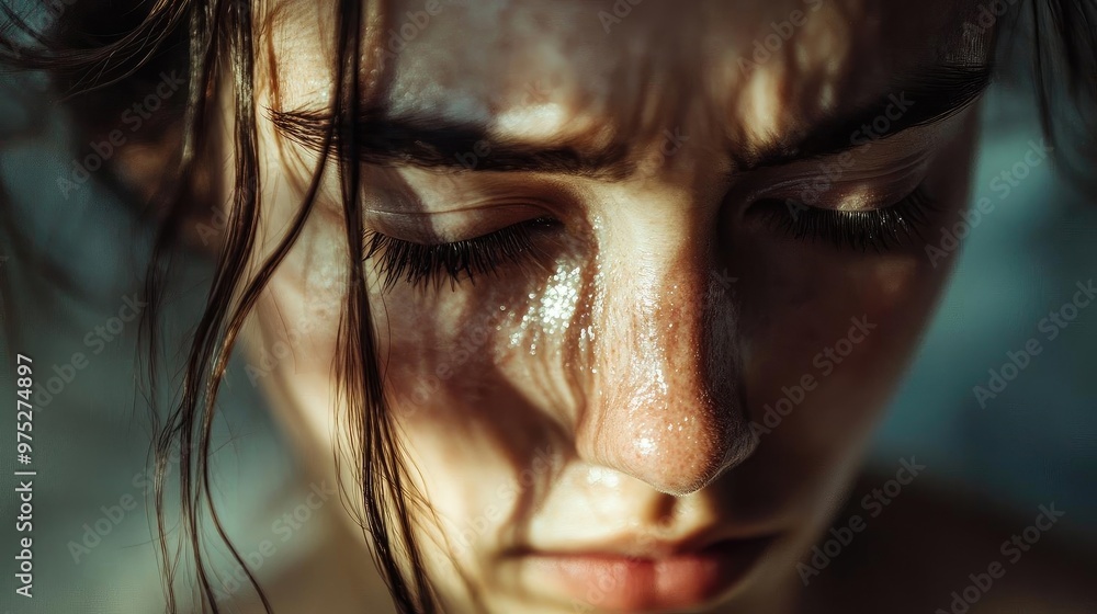 Poster Close-up of a thoughtful person with delicate light and shadow play on the face, capturing emotion and introspection beautifully.