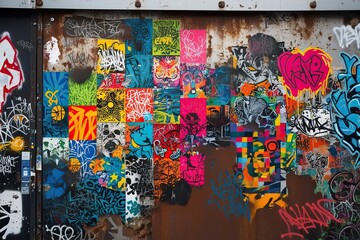 Vibrant Urban Street Art Collage Featuring Playful Stencils and Tags on Weathered Metal Background