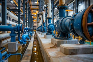 Industrial water pumps and pipes in a water treatment facility showcasing efficient infrastructure and operational setup