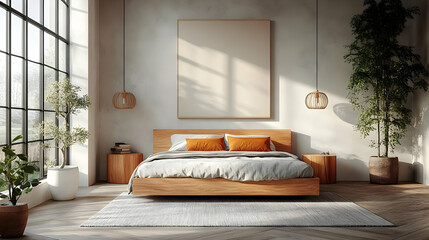 A modern bedroom with a large window, a wooden bed, two nightstands, a rug, and a blank canvas on the wall.