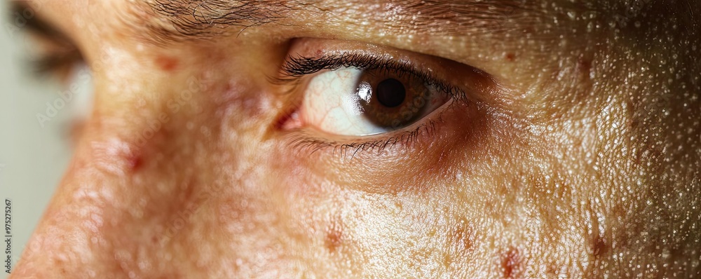 Poster close-up of a human eye expressing focus and emotion. the intricate details reveal skin texture and 
