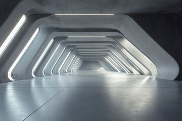 Fototapeta premium 3d render of abstract futuristic architecture with empty concrete floor. Scene for car presentation , ai