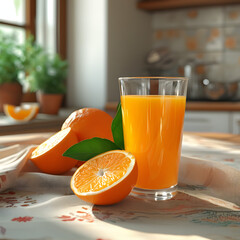 The Perfect Start to the Day: A Kitchen Scene with a Glass of Orange Juice, Sunlight, and a Touch of Country Charm