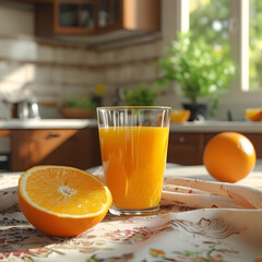 The Perfect Start to the Day: A Kitchen Scene with a Glass of Orange Juice, Sunlight, and a Touch of Country Charm