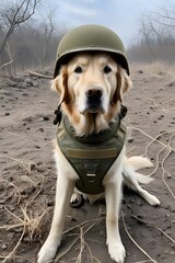 Golden Retriever  dog in world war 3 wearing protection armor. survival for fittest. Generative AI