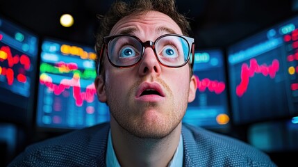 Shocked Young Trader Staring at Stock Market Crash on Huge Screen - Financial Crisis and Investment Concept