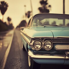 Classic Car on a Palm-Lined Road: A vintage teal car is parked on a wet asphalt road in a setting sun, with palm trees on either side. The image has a retro, nostalgic feel and evokes a sense of adven