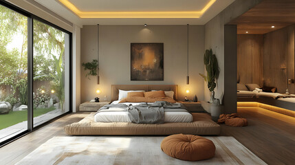 A modern bedroom with a platform bed, large windows, and a view of a garden.