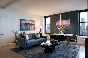 Stylish Urban Loft Studio Featuring Modern Canvas Art and Elegant Furniture