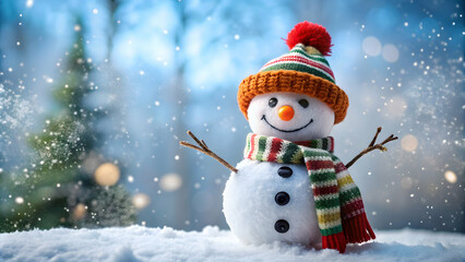 Happy snowman in winter wearing a hat and scarf, snowman, winter, cold, happy, cheerful, snow, frosty, jolly, festive, Christmas, holiday
