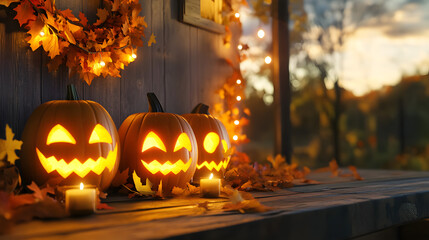 cozy outdoor halloween carved pumpkins glowing candles wooden autumn fall leaves festive autumn festival holiday decoration celebration