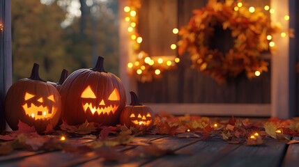 cozy outdoor halloween carved pumpkins glowing candles wooden autumn fall leaves festive autumn festival holiday decoration celebration