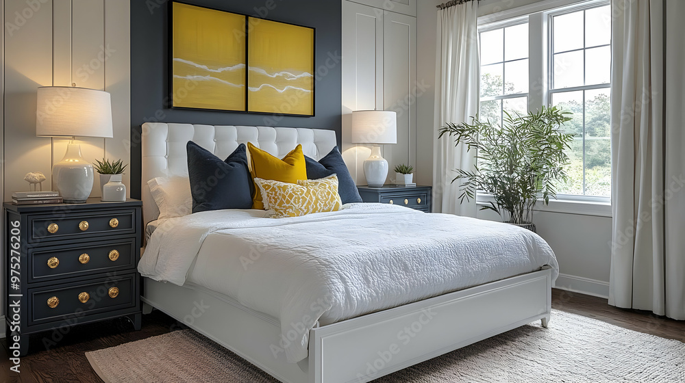 Canvas Prints A modern bedroom with a white bed, two nightstands, lamps, a rug, a large window, and two abstract paintings on the wall.