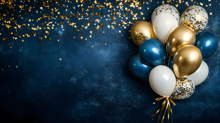 celebratory metallic gold blue white balloons ribbon festive festival holiday celebration birthday background backdrop luxury luxurious confetti scattered sparkles elegant party invitation card ball