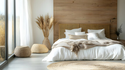 A modern bedroom with a white bed, wooden headboard, and a large window with a view of nature.