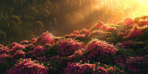 Sunshine brightens a slope covered in flowering balsam roots.