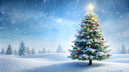 Obraz premium Christmas tree in a white snowy landscape, perfect for holiday greeting cards and backgrounds, Christmas, holiday, winter