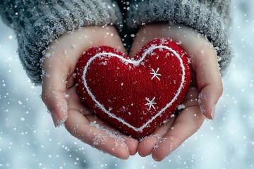 Hands holding a red heart with white stitching, snow falling on a dark background