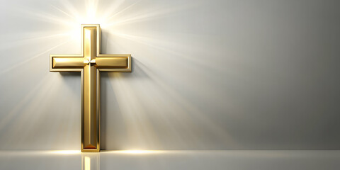 Naklejka premium render of a shining gold cross on a white background, religion, Christianity, symbol, faith, spiritual, Catholicism, church
