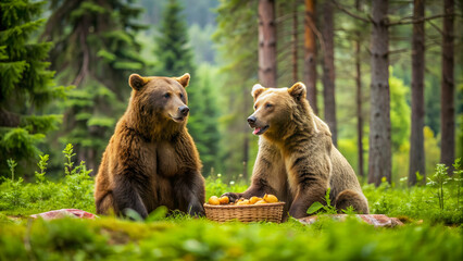 Naklejka premium Two brown bears enjoying a picnic in a lush green forest , bears, picnic, nature, wildlife, animals, forest, green, relaxation