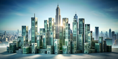 Fototapeta premium Futuristic cityscape with buildings made of dollars, futuristic, cityscape, dollars, money
