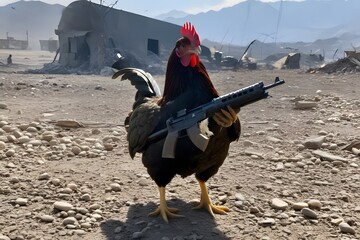chicken in world war 3 wearing protection armor. survival for fittest. Generative AI