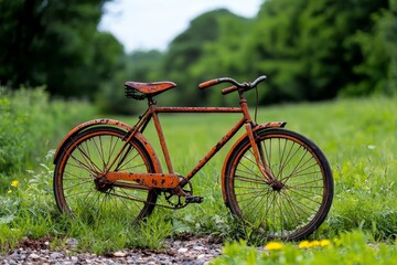 Fototapeta premium Watercolor of an old, rusted bicycle left in a field, symbolizing forgotten times