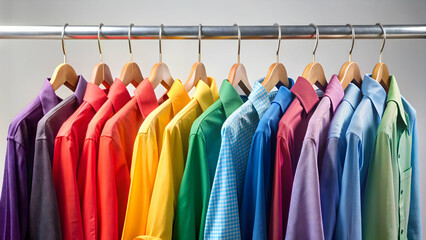 Fototapeta premium Colorful shirts hanging on metal hangers, style, fashion, multicolored, vibrant, diversity, clothing, apparel, closet