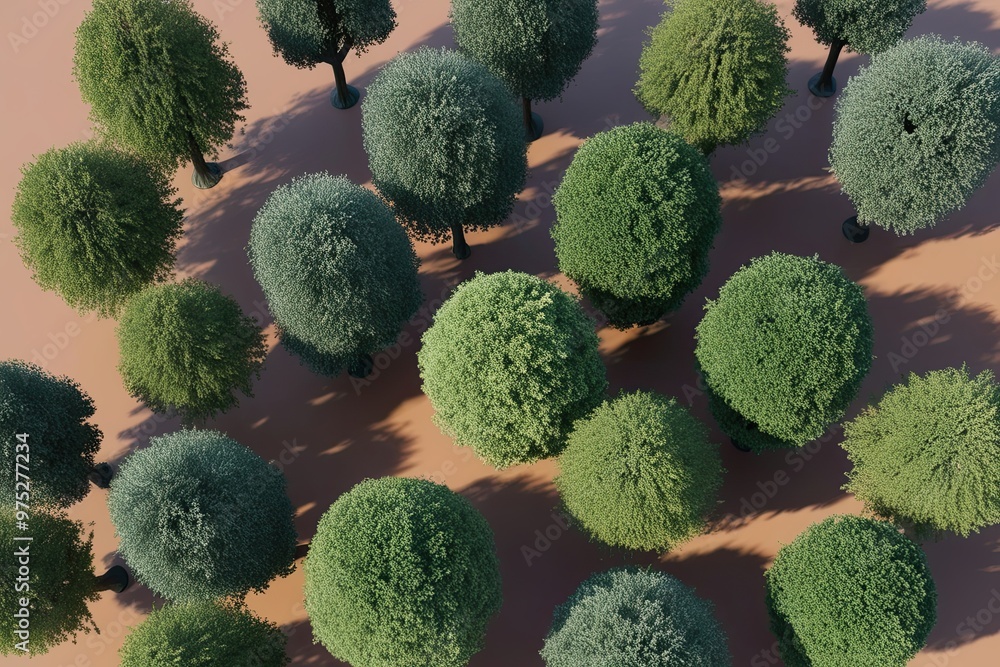 Poster cluster of decorative thyme and peach trees from an overhead view, 3d concept for digital illustrati