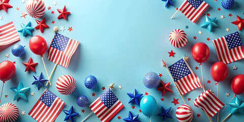 Obraz premium Aerial view of vibrant Independence Day decorations on a soft blue background , Independence Day