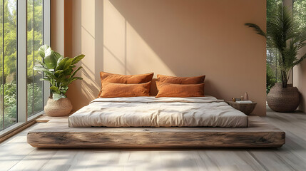 A modern bedroom with a wooden platform bed, large windows, and natural light.