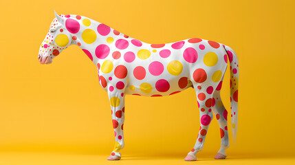 Obraz premium An animal figure resembling a horse painted in pink and yellow polka dots on a yellow background, resembling a toy giraffidae with a terrestrial snout and tail
