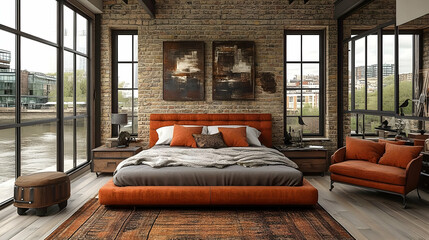 A modern bedroom with exposed brick walls, large windows, and a comfortable bed with orange bedding.