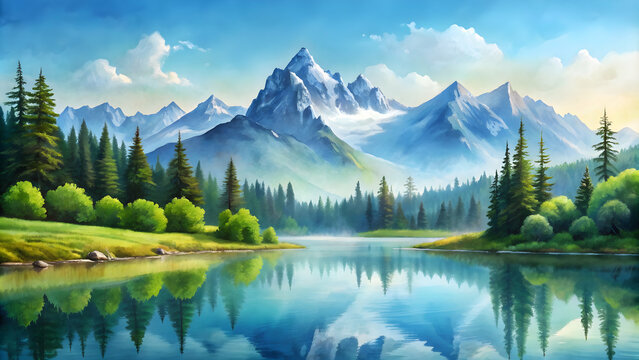 Watercolor style design template of a serene mountain landscape with a clear blue sky , Aquarelle
