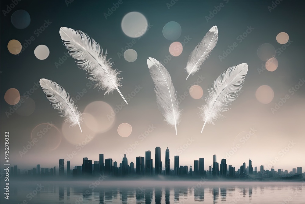 Poster ethereal dreamy background with feathers and bokeh in a foggy gradient skyline