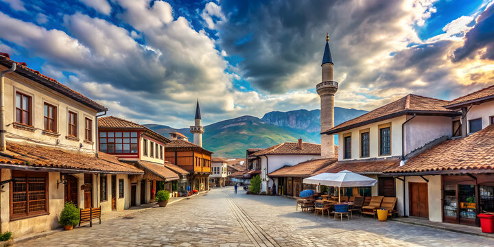 Ottoman Old Bazaar in Korca, Albania with blue cloudy sky , Korca, Albania, Ottoman, Old Bazaar, architecture, historic
