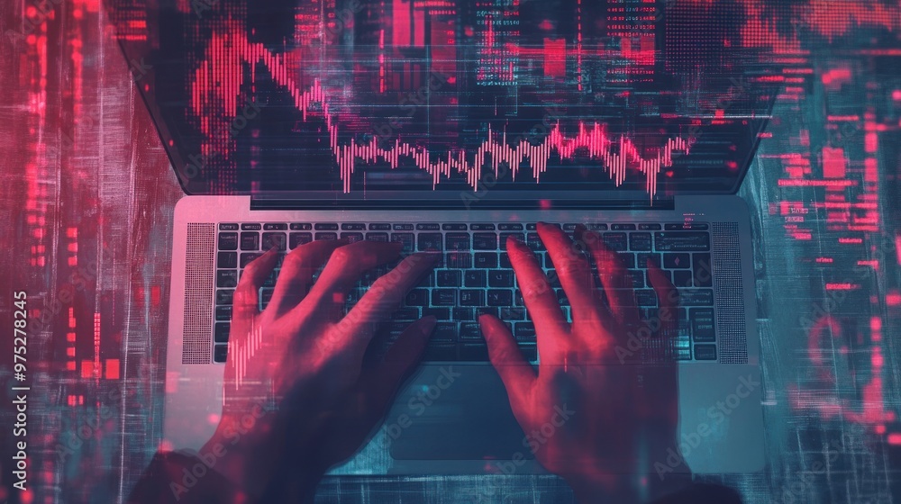 Poster hands typing on a laptop with a digital overlay of code and charts