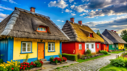 Fototapeta na wymiar Traditional village houses with thatched roofs and colorful facades, village, houses, traditional, thatched, roofs