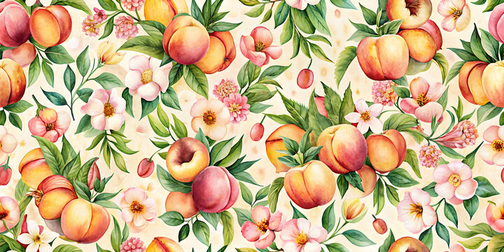 Vintage watercolor pattern with peaches and flowers, perfect for stationery or wallpaper design, vintage, watercolor, pattern