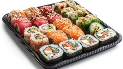 A tray of assorted sushi rolls