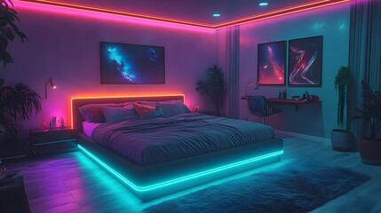 A modern bedroom with neon lights, a large bed, and a desk.