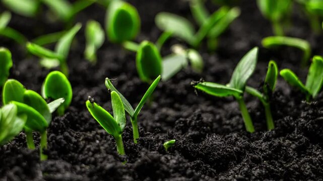 Growing plants in timelapse, Sprouts Germination, Seeds sprout through the soil, Newborn seeds, The birth of a new life in nature, Cutting a sprout through the ground