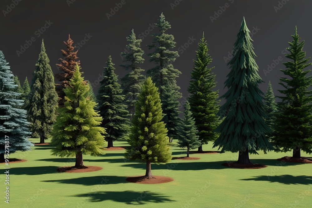 Poster impressive collection of three-dimensional redwood and fir trees with exceptional ground shadows for