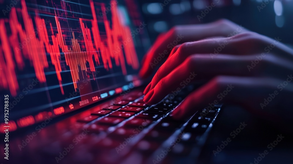 Poster hands typing on a laptop with a red stock chart in the background