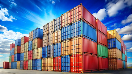 Fototapeta premium Shipping containers stacked against blue sky, shipping containers, stacked, blue sky, transportation, logistics