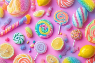 A vibrant and colorful candy-themed background with various types of candie