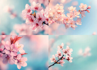 Beautiful pink cherry blossoms in winter, with a blurred blue sky background and ample space for text